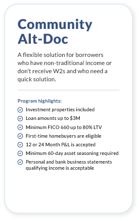 Community Alt-Doc. A flexible solution for borrowers who have non-traditional income or don’t receive W2s and who need a quick solution. Program highlights: Loan amounts up to $2.5 million. Minimum FICO 660 up to 80% LTV. Personal and bank business statements qualifying income is acceptable. First time home buyers are eligible. 12 or 24 Month CPA letter accepted. Minimum 30-day asset seasoning required. Community Alt-Doc (Investment).